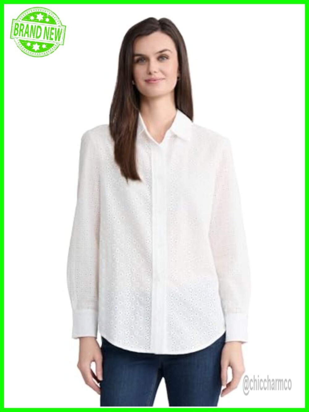 Cotton Eyelet Long Sleeve Button Front Blouse